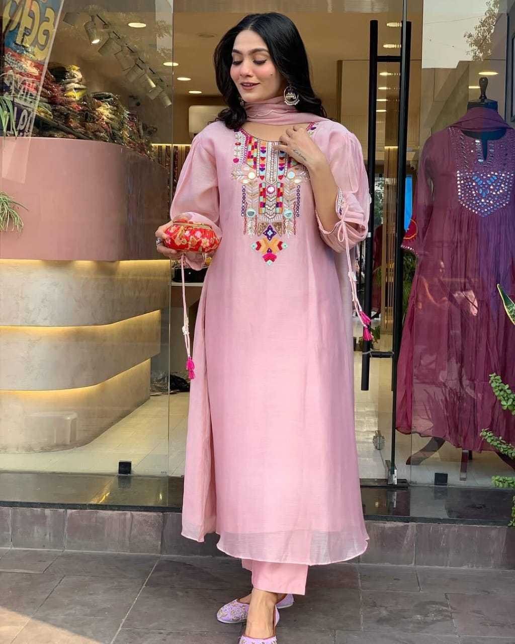 Women's Cotton Mirror Work Embroidered Straight Kurti With Pant and Dupatta Set - Image 2